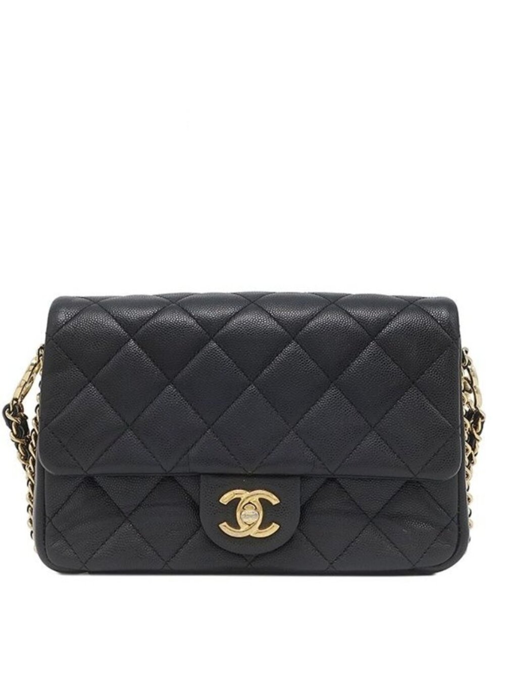Chanel Shoulder Bag Quilted Chain Caviar Leather Black Gold Single Flap CC Logo